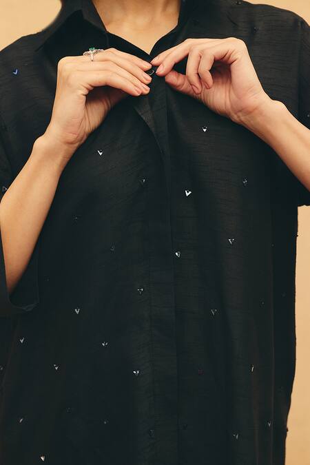 Maenaam Black Silk Sequins, Embroidery Collared, Button-down Zoe Hand Shirt And Pant Set at Aza Fashions Maenaam_Black Silk Sequins, Embroidery Collared, Button-down Zoe Hand Shirt And Pant Set _at_Aza_Fashions