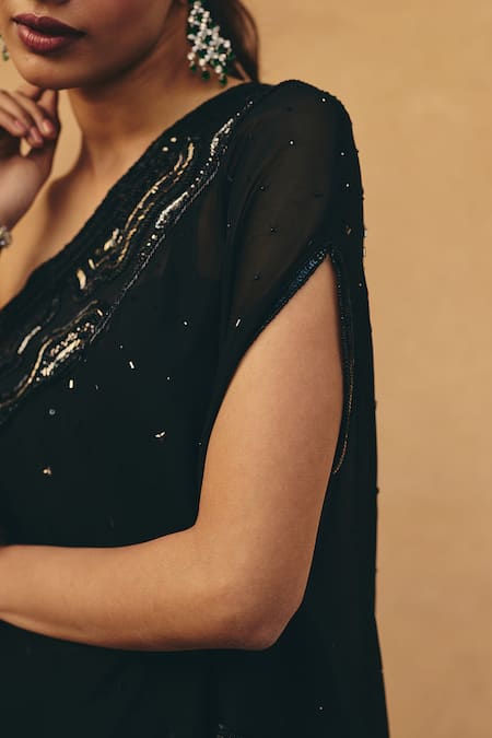 Maenaam_Black Polyester, Satin, Silk Sequins, Beads, Elina Hand Top And Pant Set _Online_at_Aza_Fashions