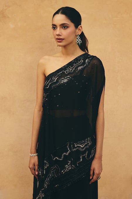 Buy_Maenaam_Black Polyester, Satin, Silk Sequins, Beads, Elina Hand Top And Pant Set _Online_at_Aza_Fashions