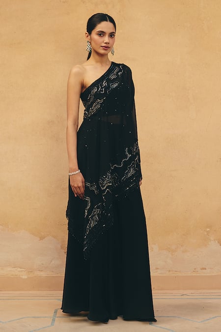 Maenaam_Black Polyester, Satin, Silk Sequins, Beads, Elina Hand Top And Pant Set _at_Aza_Fashions