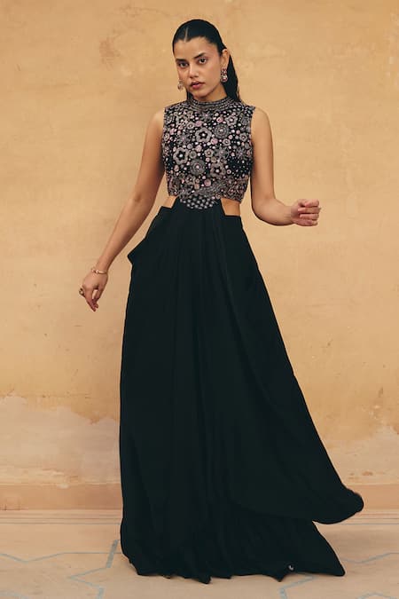 Maenaam_Black Polyester, Satin Embroidery, Sequins, Beads Amira Cut-out Top With Skirt _Online_at_Aza_Fashions