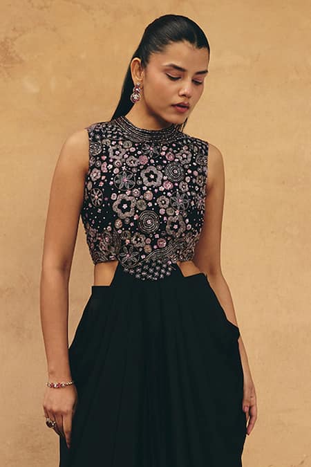 Buy_Maenaam_Black Polyester, Satin Embroidery, Sequins, Beads Amira Cut-out Top With Skirt _Online_at_Aza_Fashions