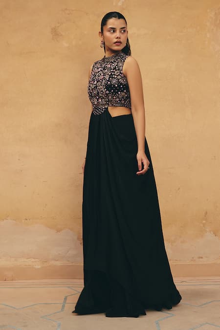 Shop_Maenaam_Black Polyester, Satin Embroidery, Sequins, Beads Amira Cut-out Top With Skirt _Online_at_Aza_Fashions