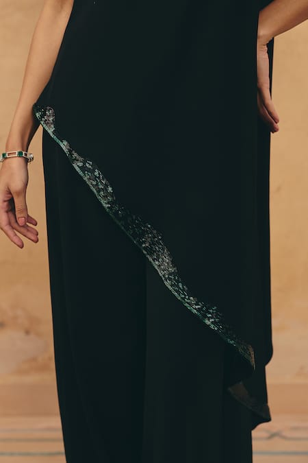Maenaam Black Polyester, Satin Beads, Sequins, Eira Asymmetric Hem Top And Pant Set Online at Aza Fashions Maenaam_Black Polyester, Satin Beads, Sequins, Eira Asymmetric Hem Top And Pant Set _Online_at_Aza_Fashions