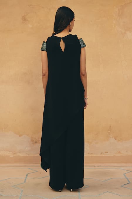 Shop Maenaam Black Polyester, Satin Beads, Sequins, Eira Asymmetric Hem Top And Pant Set at Aza Fashions Shop_Maenaam_Black Polyester, Satin Beads, Sequins, Eira Asymmetric Hem Top And Pant Set _at_Aza_Fashions