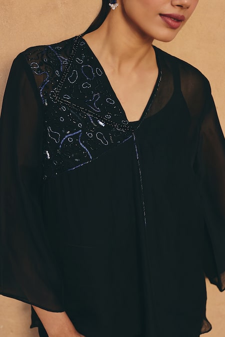 Maenaam Black Silk, Satin Embroidery, Sequins, Beads V-neck Elara Hand Top And Pant Set Online at Aza Fashions Maenaam_Black Silk, Satin Embroidery, Sequins, Beads V-neck Elara Hand Top And Pant Set _Online_at_Aza_Fashions