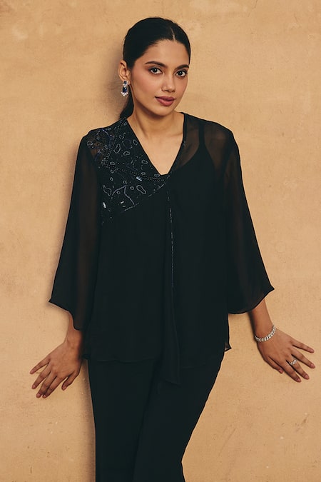 Buy Maenaam Black Silk, Satin Embroidery, Sequins, Beads V-neck Elara Hand Top And Pant Set Online at Aza Fashions Buy_Maenaam_Black Silk, Satin Embroidery, Sequins, Beads V-neck Elara Hand Top And Pant Set _Online_at_Aza_Fashions