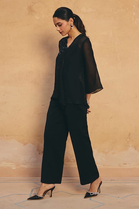 Shop Maenaam Black Silk, Satin Embroidery, Sequins, Beads V-neck Elara Hand Top And Pant Set Online at Aza Fashions Shop_Maenaam_Black Silk, Satin Embroidery, Sequins, Beads V-neck Elara Hand Top And Pant Set _Online_at_Aza_Fashions