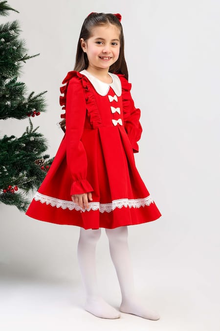 Buy_The Pony & Peony Co._Red Crepe Bows, Lace Rudolph Dress _Online_at_Aza_Fashions