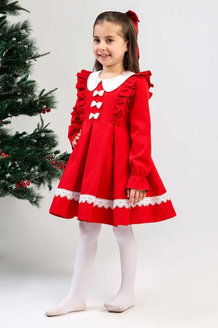 Shop_The Pony & Peony Co._Red Crepe Bows, Lace Rudolph Dress _Online_at_Aza_Fashions
