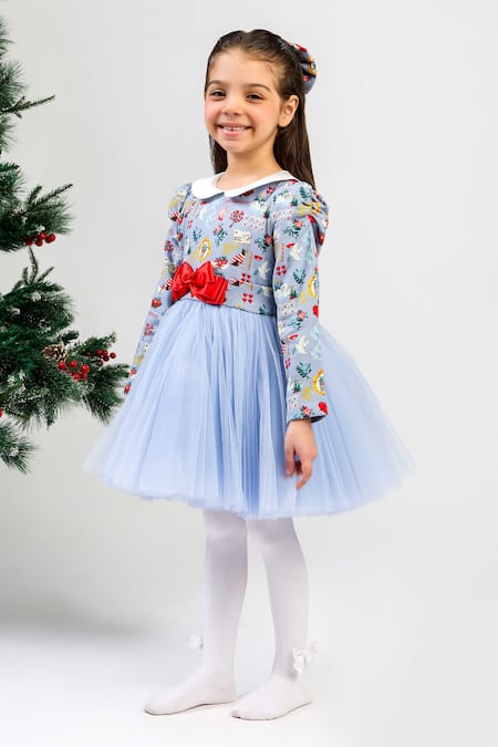 The Pony & Peony Co._Blue Flannel, Cotton Bows Celeste Net Dress _Online_at_Aza_Fashions