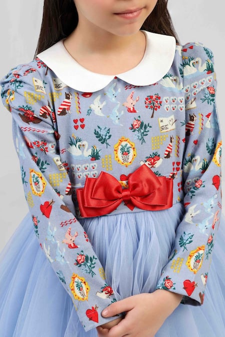Buy_The Pony & Peony Co._Blue Flannel, Cotton Bows Celeste Net Dress _Online_at_Aza_Fashions