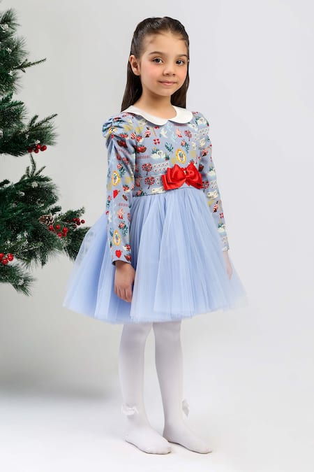 Shop_The Pony & Peony Co._Blue Flannel, Cotton Bows Celeste Net Dress _Online_at_Aza_Fashions