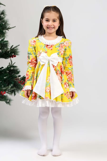 The Pony & Peony Co._Yellow Cotton Lace, Bows Old Rose Sunshine Dress _Online_at_Aza_Fashions