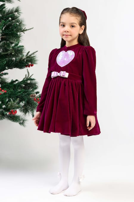 The Pony & Peony Co._Purple Velvet Sequins, Applique, Bows Heart Dress _Online_at_Aza_Fashions