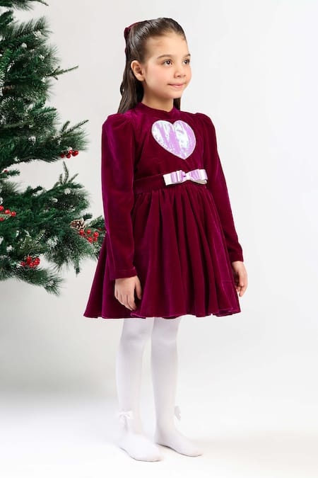 Buy_The Pony & Peony Co._Purple Velvet Sequins, Applique, Bows Heart Dress _Online_at_Aza_Fashions