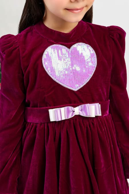 Shop_The Pony & Peony Co._Purple Velvet Sequins, Applique, Bows Heart Dress _Online_at_Aza_Fashions