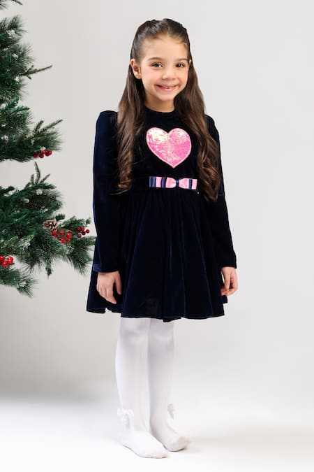 The Pony & Peony Co._Blue Velvet Sequins, Bows Navy Heart Dress _Online_at_Aza_Fashions