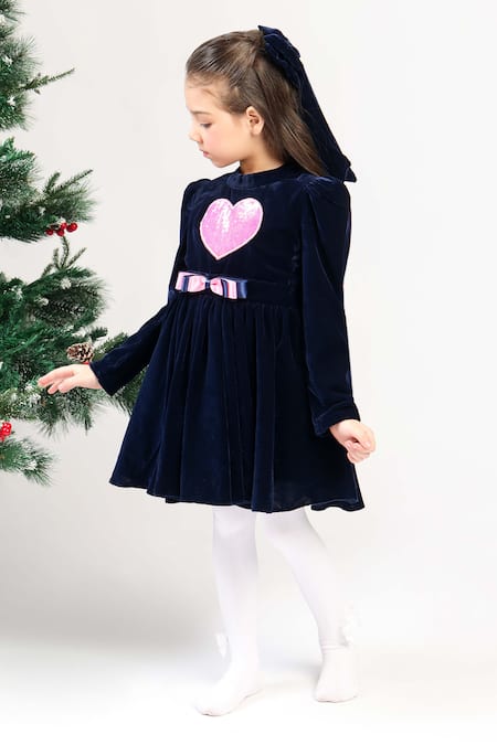 Buy_The Pony & Peony Co._Blue Velvet Sequins, Bows Navy Heart Dress _Online_at_Aza_Fashions