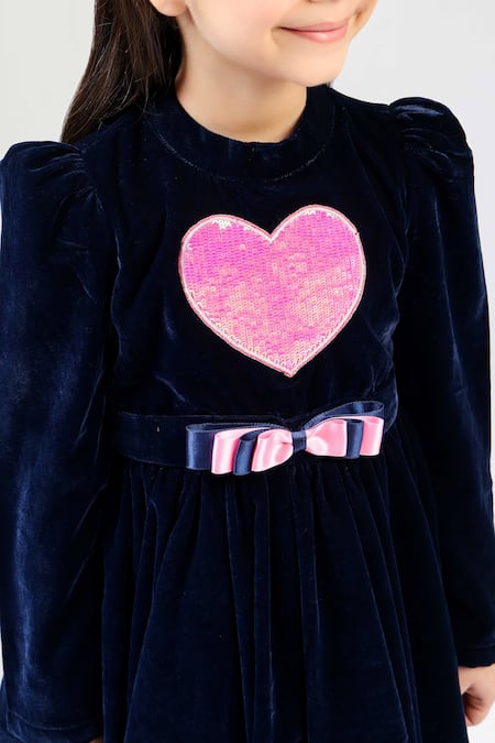 Shop_The Pony & Peony Co._Blue Velvet Sequins, Bows Navy Heart Dress _Online_at_Aza_Fashions
