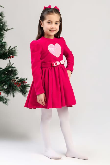 The Pony & Peony Co._Magenta Velvet Sequins, Bows Heart Dress _Online_at_Aza_Fashions