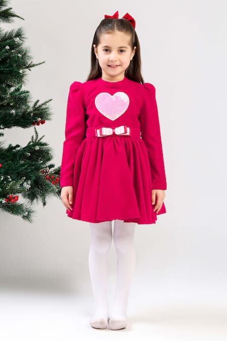 Buy_The Pony & Peony Co._Magenta Velvet Sequins, Bows Heart Dress _Online_at_Aza_Fashions