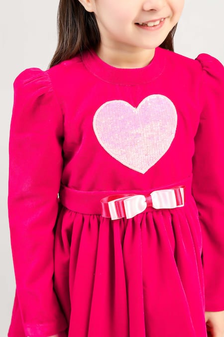 Shop_The Pony & Peony Co._Magenta Velvet Sequins, Bows Heart Dress _Online_at_Aza_Fashions