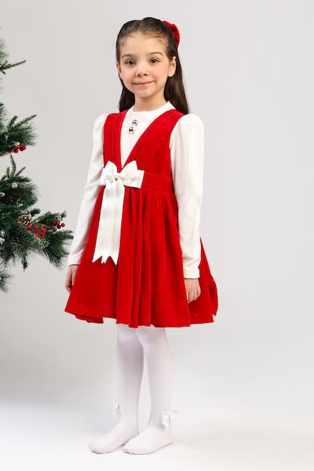Buy_The Pony & Peony Co._Red Velvet Bows And White Dress _Online_at_Aza_Fashions