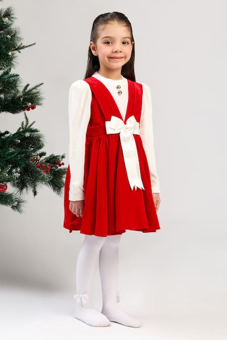 Shop_The Pony & Peony Co._Red Velvet Bows And White Dress _Online_at_Aza_Fashions