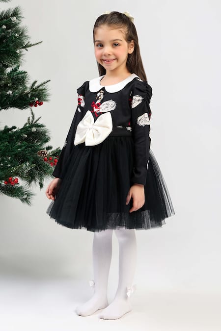 The Pony & Peony Co. Black Flannel, Cotton Bows, Ribbons Swan Dress Online at Aza Fashions The Pony & Peony Co._Black Flannel, Cotton Bows, Ribbons Swan Dress _Online_at_Aza_Fashions