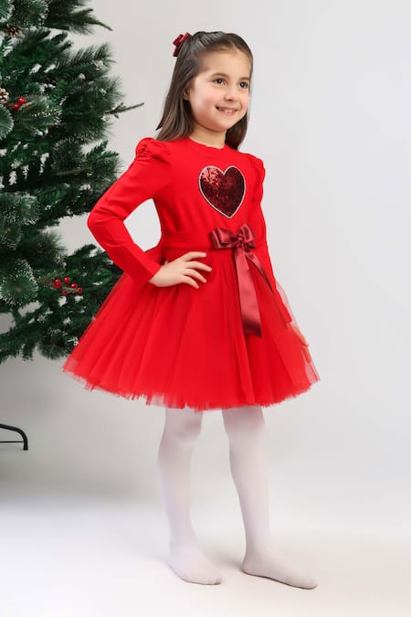 Buy_The Pony & Peony Co._Red Rayon Sequins, Bows Love You Dress _Online_at_Aza_Fashions