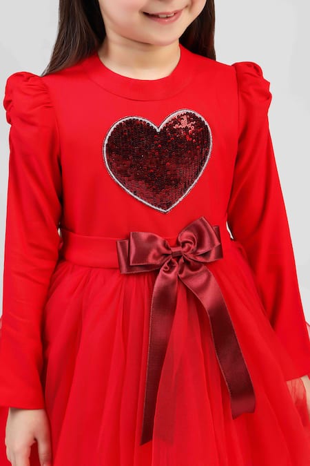 Shop_The Pony & Peony Co._Red Rayon Sequins, Bows Love You Dress _Online_at_Aza_Fashions