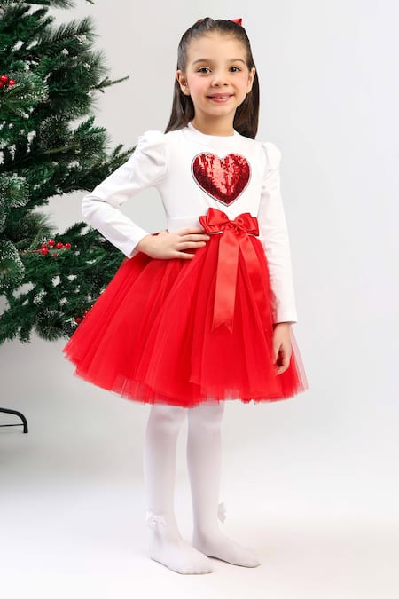 The Pony & Peony Co._Red Rayon Sequins, Bows Love Me Dress _Online_at_Aza_Fashions