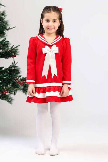 The Pony & Peony Co._Red Crepe Bows, Ribbons Sailor Dress _Online_at_Aza_Fashions