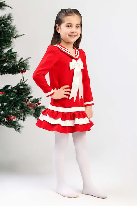 Buy_The Pony & Peony Co._Red Crepe Bows, Ribbons Sailor Dress _Online_at_Aza_Fashions