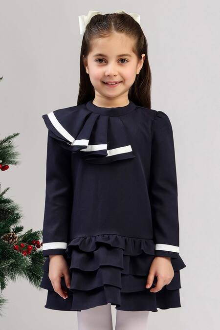 The Pony & Peony Co._Navy Crepe Ruffles, Ribbons Coco Dress _Online_at_Aza_Fashions