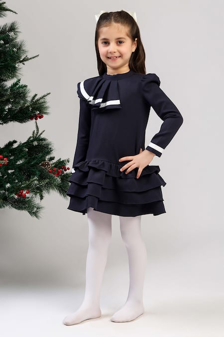 Shop_The Pony & Peony Co._Navy Crepe Ruffles, Ribbons Coco Dress _Online_at_Aza_Fashions