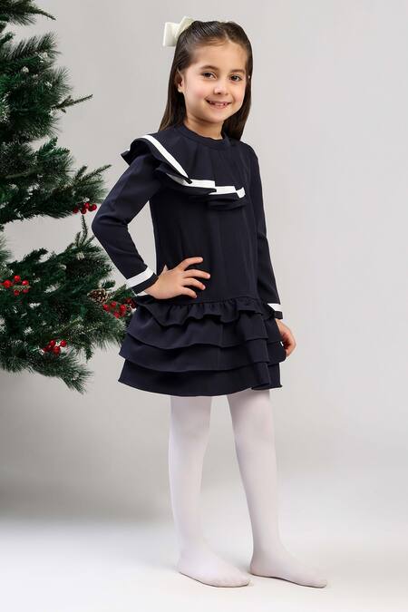 The Pony & Peony Co._Navy Crepe Ruffles, Ribbons Coco Dress _at_Aza_Fashions