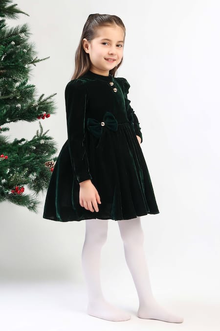 The Pony & Peony Co._Green Velvet Bows Dress _Online_at_Aza_Fashions