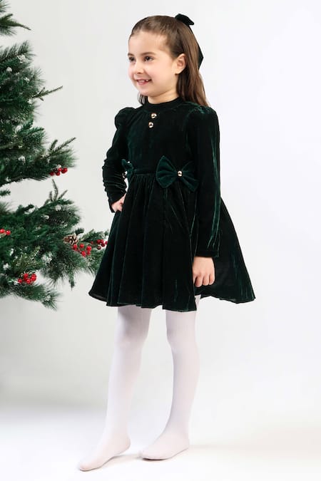 Buy_The Pony & Peony Co._Green Velvet Bows Dress _Online_at_Aza_Fashions