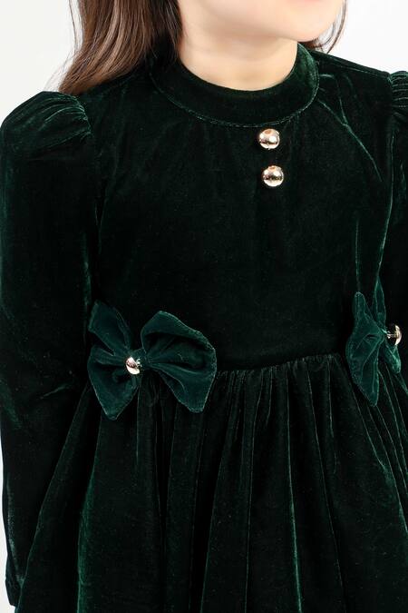 Shop_The Pony & Peony Co._Green Velvet Bows Dress _Online_at_Aza_Fashions