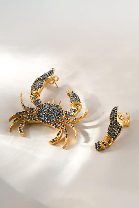 Shop MAALICIOUS JEWELRY Gold Plated Crystals So Crabby Mismatched Earrings at Aza Fashions Shop_MAALICIOUS JEWELRY_Gold Plated Crystals So Crabby Mismatched Earrings _at_Aza_Fashions