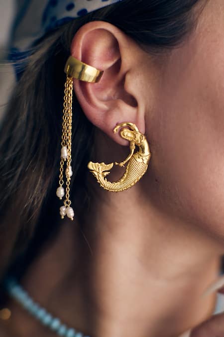 MAALICIOUS JEWELRY_Gold Plated Pearls Mermaid Sculptural Earrings _Online_at_Aza_Fashions