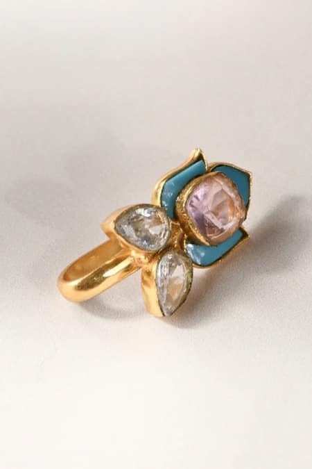 MAALICIOUS JEWELRY Multi Color Crystals, Stones Siren Lotus Cuff - Single Pc Online at Aza Fashions MAALICIOUS JEWELRY_Multi Color Crystals, Stones Siren Lotus Cuff - Single Pc _Online_at_Aza_Fashions