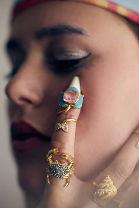 MAALICIOUS JEWELRY Multi Color Stones, Crystals Siren Lotus Nail Ring - Single Pc Online at Aza Fashions MAALICIOUS JEWELRY_Multi Color Stones, Crystals Siren Lotus Nail Ring - Single Pc _Online_at_Aza_Fashions