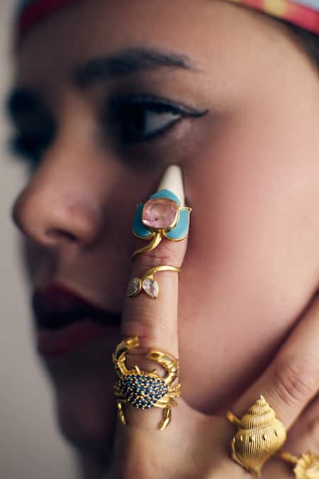 Buy MAALICIOUS JEWELRY Multi Color Stones, Crystals Siren Lotus Nail Ring - Single Pc Online at Aza Fashions Buy_MAALICIOUS JEWELRY_Multi Color Stones, Crystals Siren Lotus Nail Ring - Single Pc _Online_at_Aza_Fashions