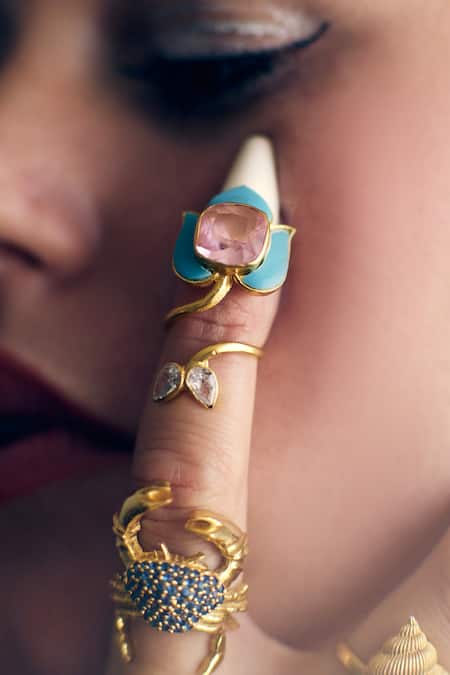 Shop MAALICIOUS JEWELRY Multi Color Stones, Crystals Siren Lotus Nail Ring - Single Pc Online at Aza Fashions Shop_MAALICIOUS JEWELRY_Multi Color Stones, Crystals Siren Lotus Nail Ring - Single Pc _Online_at_Aza_Fashions