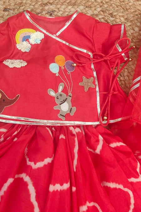 Lil Angels Red Silk Embroidery, Applique, Metallic Thread, Bandhej Jaamna Lehenga Set Online at Aza Fashions Lil Angels_Red Silk Embroidery, Applique, Metallic Thread, Bandhej Jaamna Lehenga Set _Online_at_Aza_Fashions