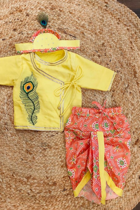 Buy Lil Angels Yellow Silk, Cotton Embroidery Mor Pankh Jaamna Kurta Set Buy_Lil Angels_Yellow Silk, Cotton Embroidery Mor Pankh Jaamna Kurta Set