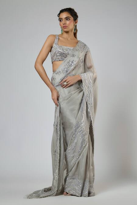 Masumi Mewawalla Gray Silk, Tussar Embroidery, Sequins, Beads Aari Pre-draped Saree And Blouse Set at Aza Fashions Masumi Mewawalla_Gray Silk, Tussar Embroidery, Sequins, Beads Aari Pre-draped Saree And Blouse Set _at_Aza_Fashions